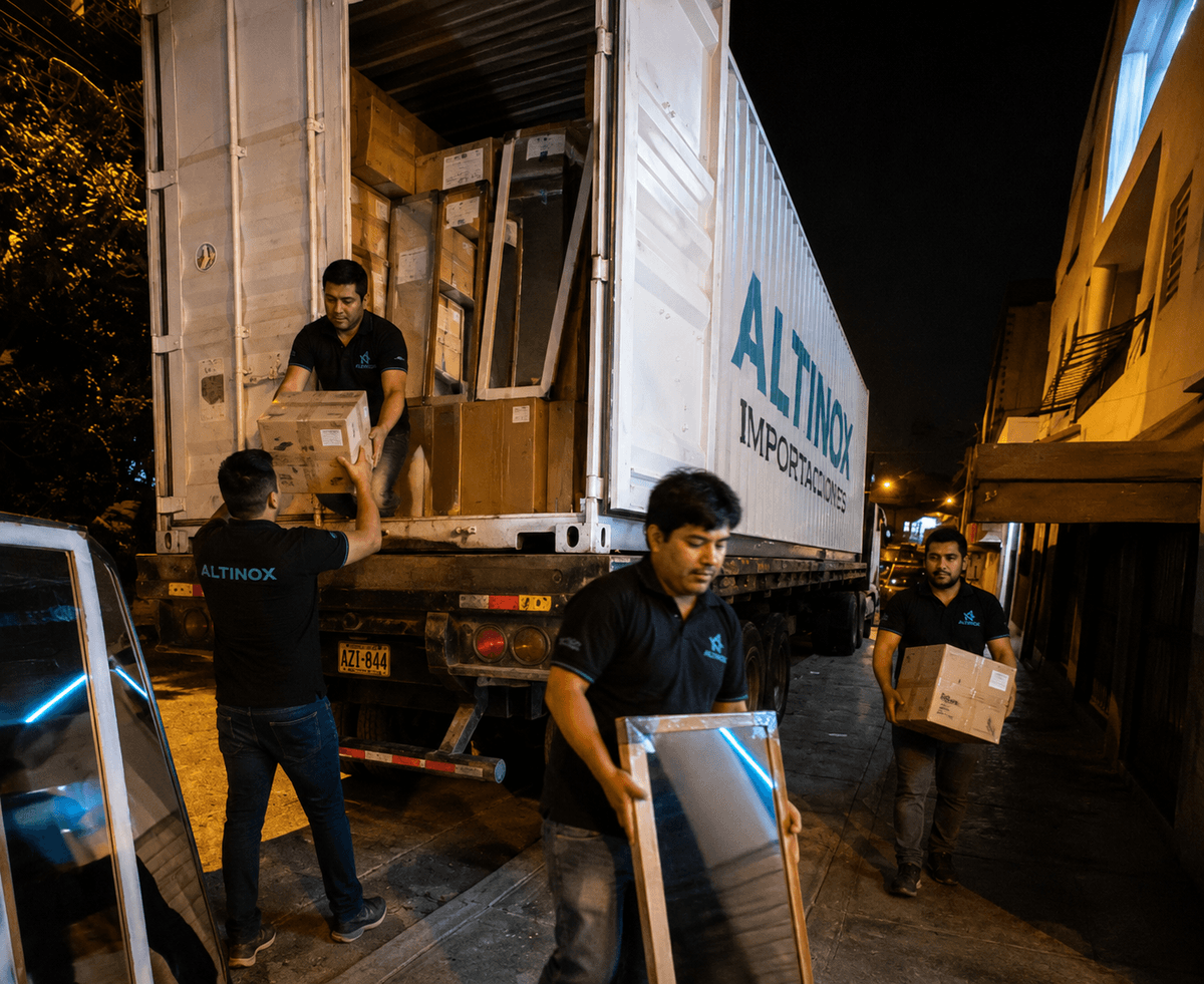Equipo de Altinox descargando un contenedor con espejos y mercadería importada